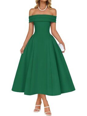 Women's Green Summer 2026 Flowy A Line Semi Formal Off Shoulder Cocktail Dresses